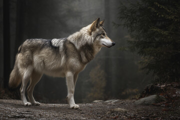 Fototapeta premium Side profile of a gray wolf walking along a forest trail in side lighting
