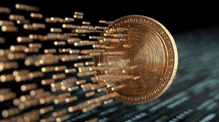 Digital coin spinning with binary code background