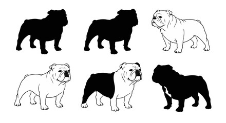 Bulldog illustration features various color variations of the breed in white, black, and mixed tones, offering diverse creative options, silhouette