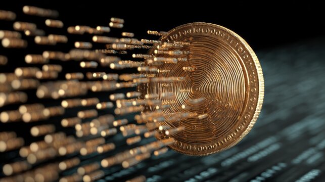 Digital coin spinning with binary code background - Powered by Adobe