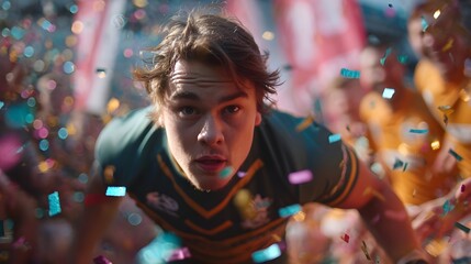 Young athlete in rugby uniform focused on the game, surrounded by colorful confetti and cheering fans