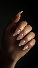Negative space nails with translucent tips and fine lines on a modern female hand, showcasing sleek minimalism