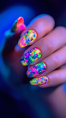 Neon almond nails bursting with abstract color on a cheerful female hand