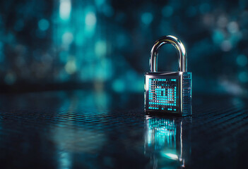 Close up of a padlock with digital display on a reflective surface in blue light