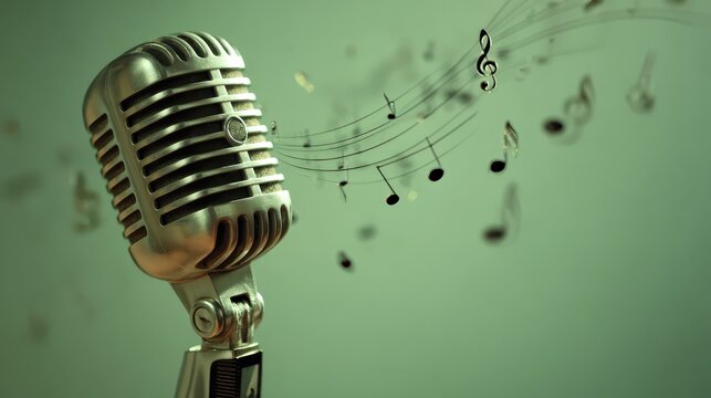 Old microphone showing musical lines and few musical notes from it