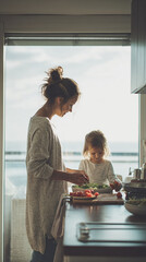 Obraz premium Mother and Daughter Cooking Together in Bright Kitchen