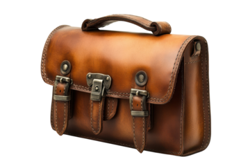Vintage Leather Satchel Messenger Bag for Men Women Handmade Brown Leather Briefcase Portfolio on transparent background