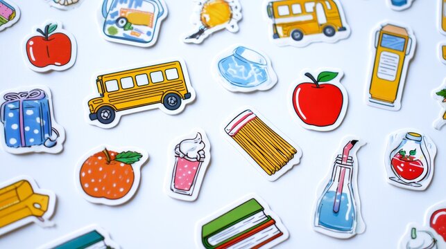 school-themed stickers on white background, back to school, paper cards - Powered by Adobe