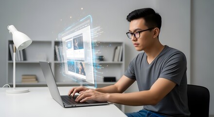 Asian Man Typing on Laptop with Website Interface Overlayed at Desk