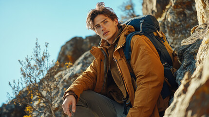 Model in rugged outdoor fashion climbing a rocky mountain trail. Dynamic and adventurous style
