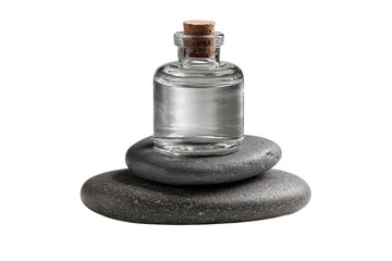 Zen Still Life Clear Glass Bottle with Cork Stopper Balanced on Stacked Smooth Gray Stones for on transparent background
