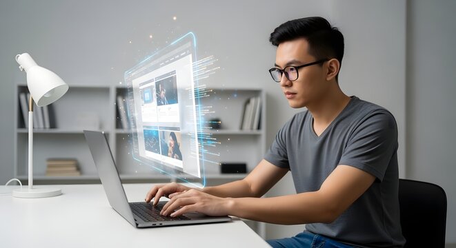 Asian Man Typing on Laptop with Website Interface Overlayed at Desk