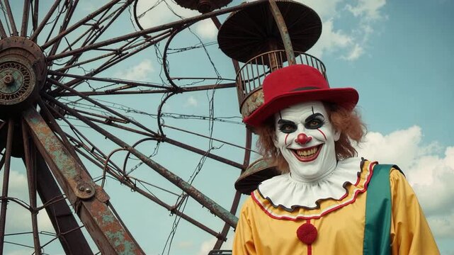 Clown in abandoned amusement park with rusty ferris wheel