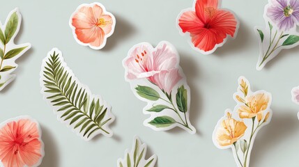 top view flowers stickers on light background, for scrapbooking