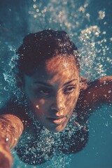 underwater, mulatto woman diving into the water