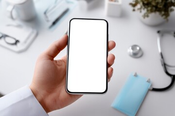 doctor holding smartphone with white screen in hand, mock up, copy space