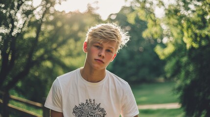 portrait of teenager, 12-15 years old blonde boy in white t-shirt in the park