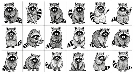 Charming collection showcases delightful raccoon sketches with different poses and activities, creating an engaging black and white compilation, silhouette © JollyRita