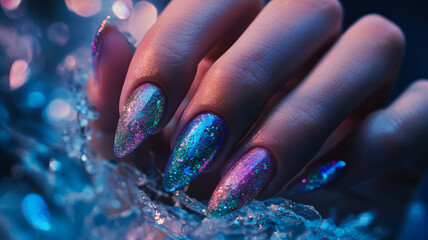 Mermaid-inspired nails in iridescent turquoise and purple on a fanciful female hand