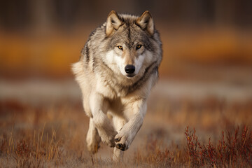 Fototapeta premium Gray Wolf Running Across Tundra Motion Blur in Sunlit Scene