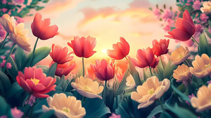 A vibrant field of red and orange tulips basks in the warm glow of a sunset, creating a breathtaking and idyllic spring landscape with soft light