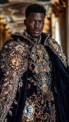 Man with regal posture in a sapphire velvet cape, surrounded by royal opulence