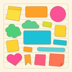 
An illustration showing a set of colored stickers against the background of a sheet of paper from a notebook