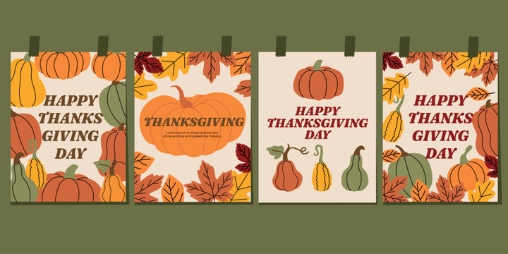 Set of Thanksgiving greeting cards with pumpkins, gourds, and autumn leaves. Festive fall illustrations in warm earthy tones. Perfect for seasonal decor, invitations, and holiday celebration themes
