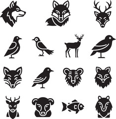 Fototapeta premium Collection of various animal icons and silhouettes, including wolf, fox, deer, bird, bear, and fish. Ideal for nature, wildlife, and animal-themed designs, evoking fauna and environment