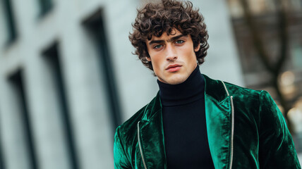 Man in an emerald bomber jacket and wool trousers, standing near an art gallery