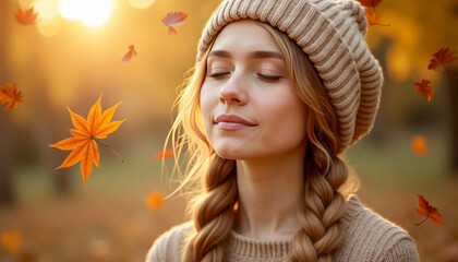 Fototapeta premium A young beautiful woman stands under bright foliage with her eyes closed, breathing in the fresh autumn scents. Thanksgiving concept