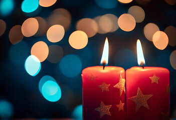 Two red candles with gold stars burning against a bokeh background at night