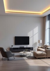 Tv mockup backlighting color modern designed furniture in livingroom with led backlight Empty room interior design architecture blank design room