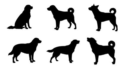 Collection of dog silhouettes showcase various breeds and poses in a minimalist design for creative projects.