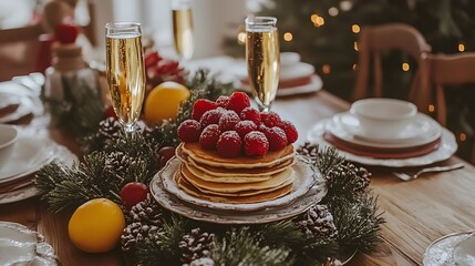 Fototapeta premium Festive Christmas breakfast table setting with a stack of pancakes.
