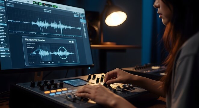 Young Woman Mixing Audio on Console in Dark Studio