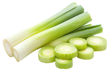 Fresh Leeks Stacked and Sliced Cooking Ingredient Photo Culinary Herbs Spices Diet Nutrition on transparent background