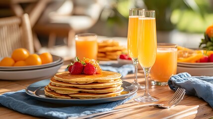 Stacked pancakes topped with fresh berries and syrup, alongside drinks and fruit.