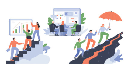 People climbing stairs and hill with umbrella vector