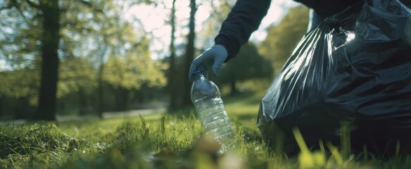 The person picking up a plastic bottle during a community cleanup effort.