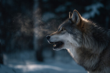 Obraz premium A raw and powerful wildlife photography capturing a snarling gray wolf in a snowy forest, with visible breath and sharp fur textures perfect for dramatic animal imagery and nature publications.