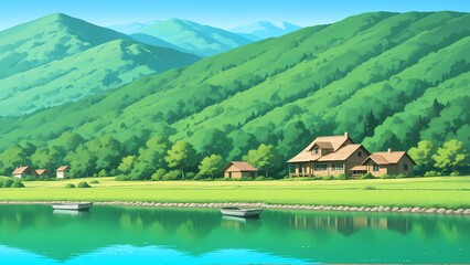 Obraz premium Friendly Lake House with Sandy Shore