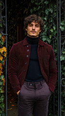 A man in a maroon corduroy jacket and charcoal trousers, standing confidently by a vintage wrought-iron gate with ivy-covered walls