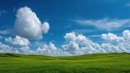 Fototapeta premium Landscape view of green grass field with blue sky background