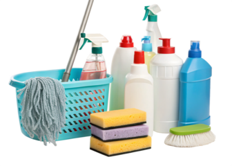 Set of cleaning supplies and bottles of detergent, isolated PNG transparent background
