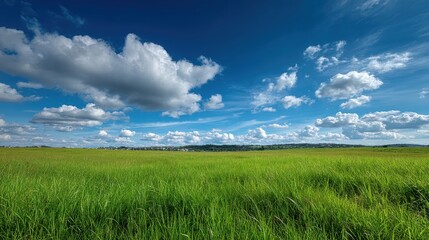 Landscape view of green grass field with blue sky background