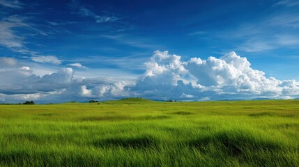 Obraz premium Landscape view of green grass field with blue sky background