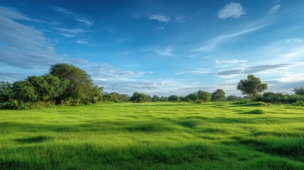 Obraz premium Landscape view of green grass field with blue sky background
