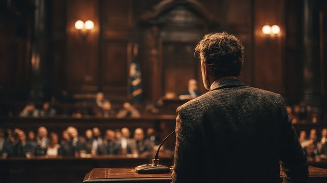 judge delivering verdict in formal courtroom setting