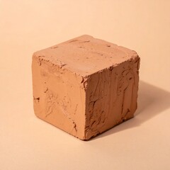 Textured Brown Clay Cube on Beige Background